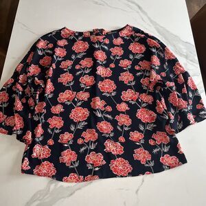 Banana Republic Top Womens Small Blue Orange Floral Print 3/4 Flare Sleeve EUC